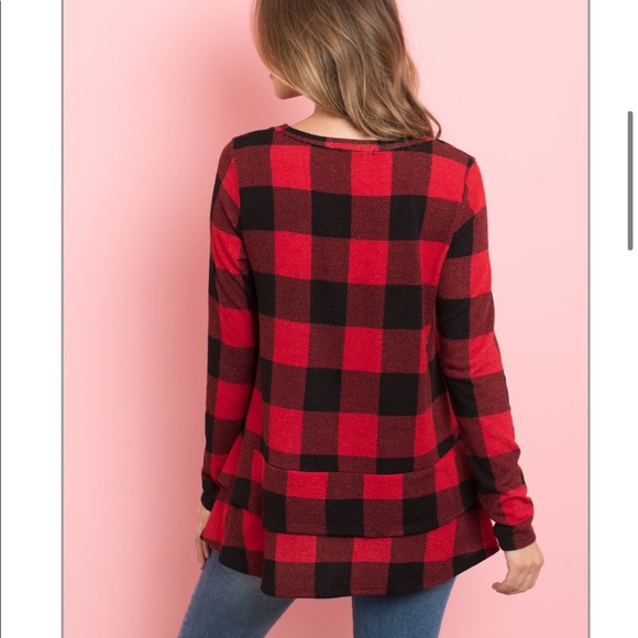 Red buffalo plaid long sleeves, ruffled, layer hem top, boutique - Picture 3 of 5